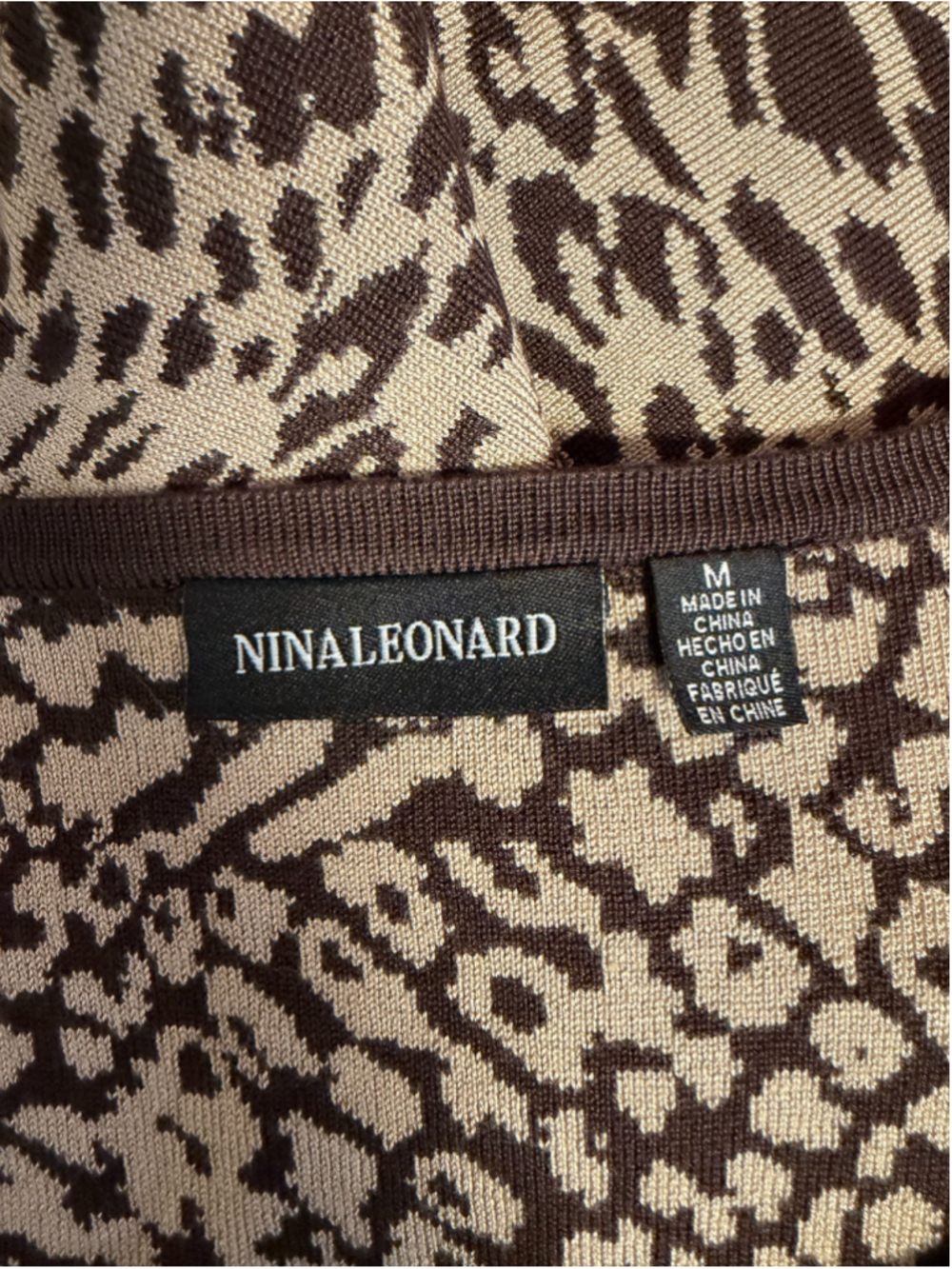 Women's Nina Leonard Dress Medium Camel Chocolate Animal Print Midi New NWT - Picture 15 of 16